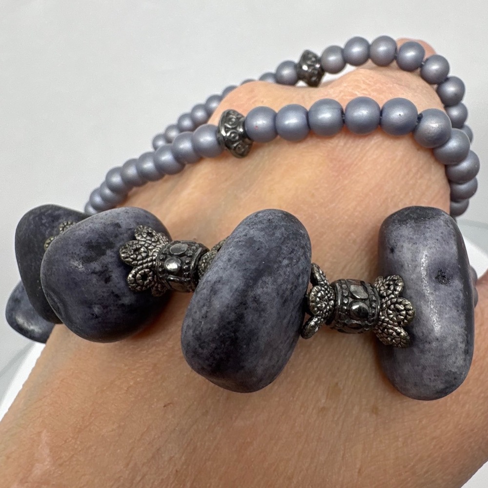 Boho Chunky Purple Stone Nugget Statement Necklace Grey Beads Silver Tone‎ 24"